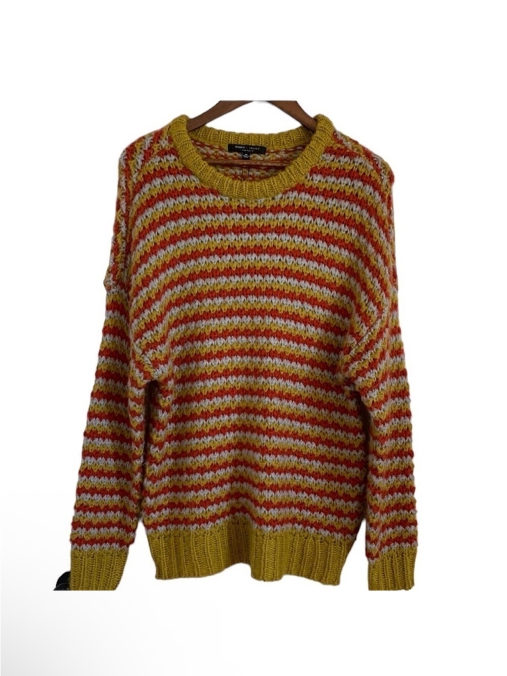Romeo & Juliet Striped Crewneck Sweater in Mustard, Red, and Cream